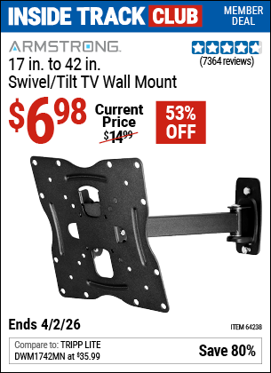 www.hfqpdb.com - ARMSTRONG 17 IN. TO 42 IN. SWIVEL/TILT TV WALL MOUNT Lot No. 64238