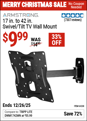 Harbor Freight ARMSTRONG 17 IN. TO 42 IN. SWIVEL/TILT TV WALL MOUNT coupon