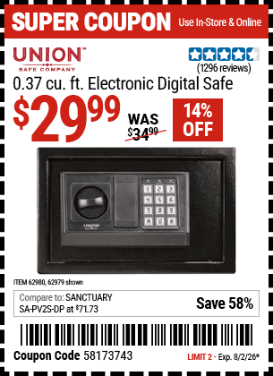 www.hfqpdb.com - UNION SAFE COMPANY 0.37 CU. FT. ELECTRONIC DIGITAL SAFE Lot No. 62979/62980