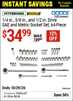 www.hfqpdb.com - PITTSBURGH 1/4 IN., 3/8 IN., AND 1/2 IN. DRIVE SAE AND METRIC SOCKET SET, 64-PIECE Lot No. 63461