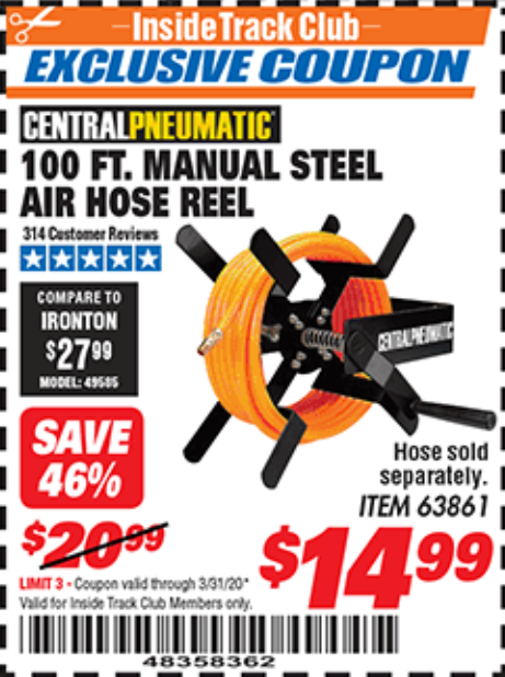 Harbor Freight Tools Coupon Database - Free coupons, 25 percent off  coupons, toolbox coupons - 100 FT. MANUAL STEEL AIR HOSE REEL