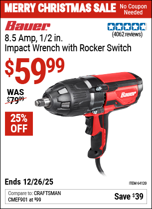 Harbor Freight BAUER 8.5 AMP, 1/2 IN. IMPACT WRENCH WITH ROCKER SWITCH coupon