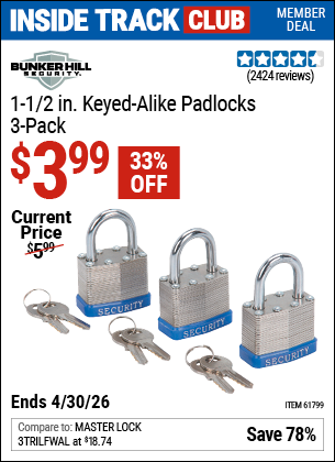 www.hfqpdb.com - BUNKER HILL SECURITY 1-1/2 IN. KEYED-ALIKE PADLOCKS, 3-PACK Lot No. 61799