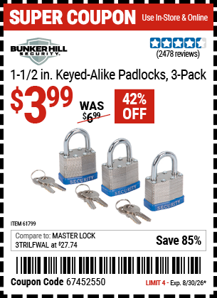 www.hfqpdb.com - BUNKER HILL SECURITY 1-1/2 IN. KEYED-ALIKE PADLOCKS, 3-PACK Lot No. 61799
