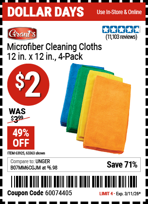 Harbor Freight GRANT'S MICROFIBER CLEANING CLOTHS 12 IN. X 12 IN., 4-PACK coupon