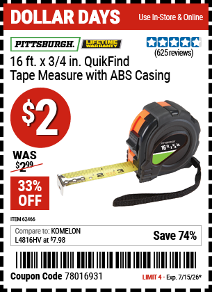 www.hfqpdb.com - PITTSBURGH 16 FT. X 3/4 IN. QUIKFIND TAPE MEASURE WITH ABS CASING Lot No. 62466