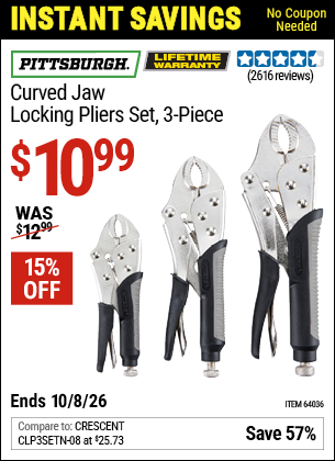 www.hfqpdb.com - PITTSBURGH CURVED JAW LOCKING PLIERS SET, 3-PIECE Lot No. 64036/91684/61249