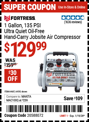 www.hfqpdb.com - FORTRESS 1 GALLON, 135 PSI ULTRA QUIET OIL-FREE HAND-CARRY JOBSITE AIR COMPRESSOR Lot No. 64592/64687