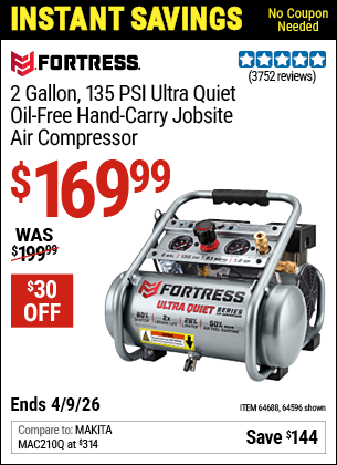 www.hfqpdb.com - FORTRESS 2 GALLON, 135 PSI ULTRA QUIET OIL-FREE HAND-CARRY JOBSITE AIR COMPRESSOR Lot No. 64596/64688