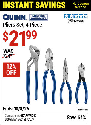www.hfqpdb.com - QUINN PLIERS SET, 4-PIECE Lot No. 64262