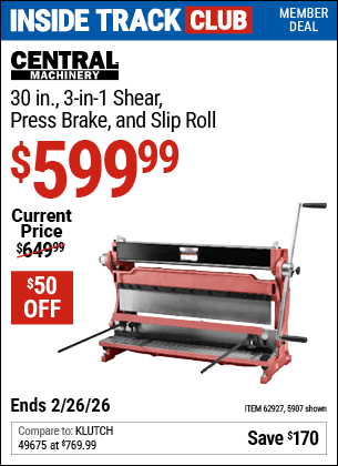 Harbor Freight CENTRAL MACHINERY 30 IN., 3-IN-1 SHEAR, PRESS BRAKE, AND SLIP ROLL coupon