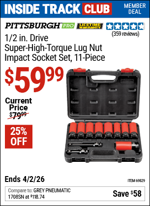 www.hfqpdb.com - PITTSBURGH PRO 1/2 IN. DRIVE SUPER-HIGH-TORQUE LUG NUT IMPACT SOCKET SET, 11-PIECE Lot No. 69829