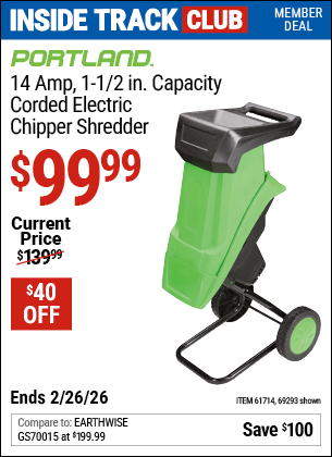 Harbor Freight PORTLAND 14 AMP, 1-1/2 IN. CAPACITY CORDED ELECTRIC CHIPPER SHREDDER coupon