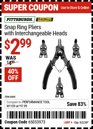 www.hfqpdb.com - PITTSBURGH SNAP RING PLIERS WITH INTERCHANGEABLE HEADS Lot No. 63845