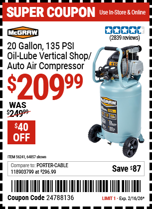 Harbor Freight MCGRAW 20 GALLON, 135 PSI OIL-LUBE VERTICAL SHOP/AUTO AIR COMPRESSOR coupon