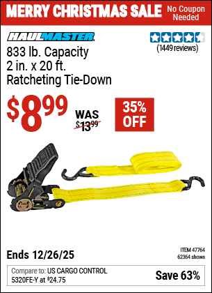 Harbor Freight HAUL-MASTER 833 LB. CAPACITY, 2 IN. X 20 FT. RATCHETING TIE-DOWN coupon