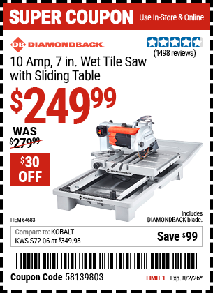 www.hfqpdb.com - DIAMONDBACK 10 AMP, 7 IN. WET TILE SAW WITH SLIDING TABLE Lot No. 64683