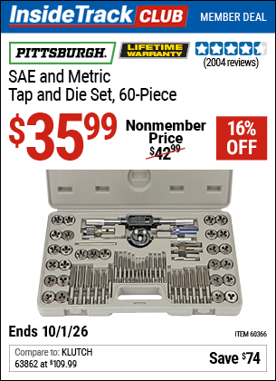 www.hfqpdb.com - PITTSBURGH SAE AND METRIC TAP AND DIE SET, 60-PIECE Lot No. 60366