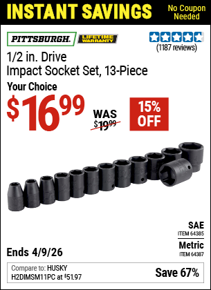 www.hfqpdb.com - PITTSBURGH 1/2 IN. DRIVE IMPACT SOCKET SET, 13-PIECE Lot No. 64387/64385