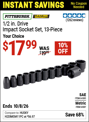 www.hfqpdb.com - PITTSBURGH 1/2 IN. DRIVE IMPACT SOCKET SET, 13-PIECE Lot No. 64387/64385