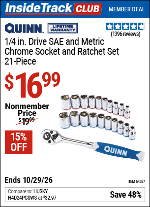 www.hfqpdb.com - QUINN 1/4 IN. DRIVE SAE AND METRIC CHROME SOCKET AND RATCHET SET, 21-PIECE Lot No. 64537