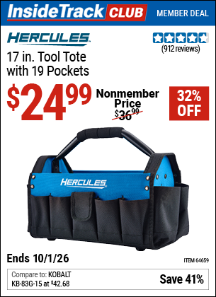 www.hfqpdb.com - HERCULES 17 IN. TOOL TOTE WITH 19 POCKETS Lot No. 64659