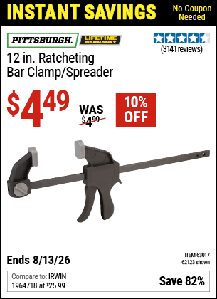 www.hfqpdb.com - PITTSBURGH 12 IN. RATCHETING BAR CLAMP/SPREADER Lot No. 62123/63017