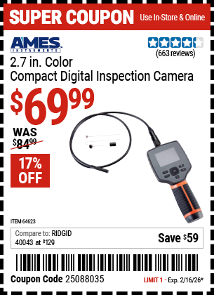 Harbor Freight AMES INSTRUMENTS 2.7 IN. COLOR COMPACT DIGITAL INSPECTION CAMERA coupon