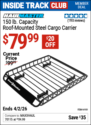 www.hfqpdb.com - HAUL-MASTER 150 LB. CAPACITY ROOF-MOUNTED STEEL CARGO CARRIER Lot No. 64101