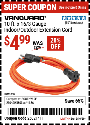 Harbor Freight VANGUARD 10 FT. X 16/3 GAUGE INDOOR/OUTDOOR EXTENSION CORD, ORANGE coupon