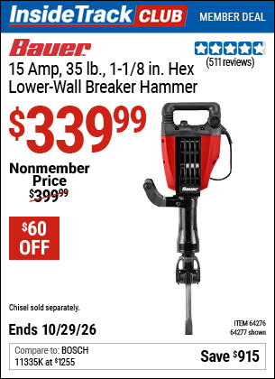 Harbor Freight BAUER 15 AMP, 35 LB., 1-1/8 IN. HEX LOWER-WALL BREAKER HAMMER coupon