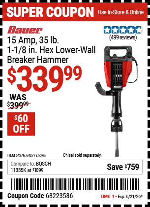 Harbor Freight BAUER 15 AMP, 35 LB., 1-1/8 IN. HEX LOWER-WALL BREAKER HAMMER coupon