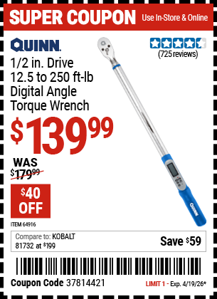 Harbor Freight QUINN 1/2 IN. DRIVE, 12.5 TO 250 FT-LB DIGITAL ANGLE TORQUE WRENCH coupon