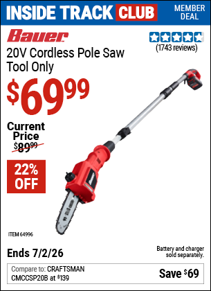 www.hfqpdb.com - BAUER 20V CORDLESS POLE SAW - TOOL ONLY Lot No. 64996