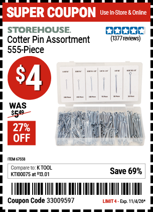 www.hfqpdb.com - STOREHOUSE COTTER PIN ASSORTMENT, 555-PIECE Lot No. 67558