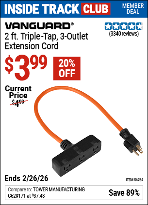 www.hfqpdb.com - VANGUARD 2 FT. TRIPLE-TAP, 3-OUTLET EXTENSION CORD Lot No. 56764/61998