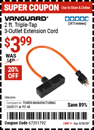 www.hfqpdb.com - VANGUARD 2 FT. TRIPLE-TAP, 3-OUTLET EXTENSION CORD Lot No. 56764/61998