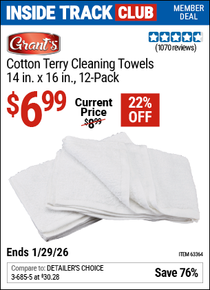 Harbor Freight GRANT'S COTTON TERRY CLEANING TOWELS 14 IN. X 16 IN., 12-PACK coupon