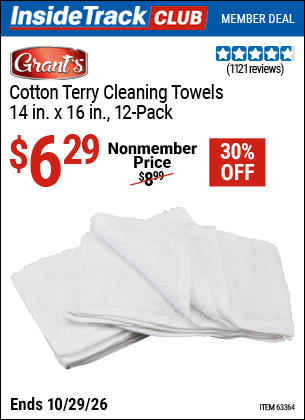 Harbor Freight GRANT'S COTTON TERRY CLEANING TOWELS 14 IN. X 16 IN., 12-PACK coupon