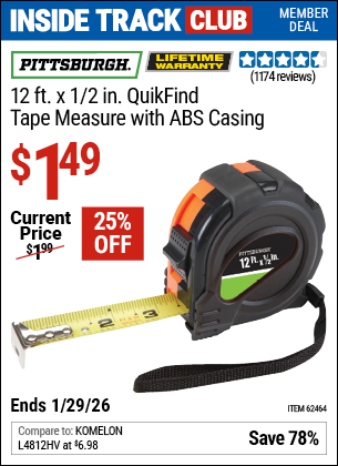 www.hfqpdb.com - PITTSBURGH 12 FT. X 1/2 IN. QUIKFIND TAPE MEASURE WITH ABS CASING Lot No. 62464