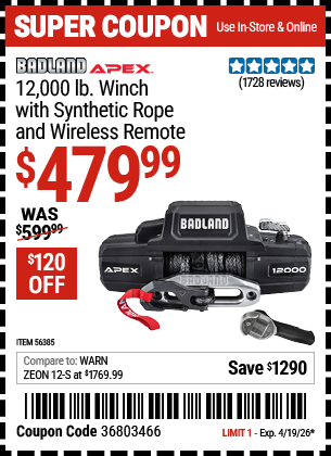 Harbor Freight BADLAND APEX 12,000 LB. WINCH WITH SYNTHETIC ROPE AND WIRELESS REMOTE coupon