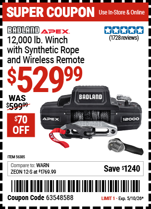 Harbor Freight BADLAND APEX 12,000 LB. WINCH WITH SYNTHETIC ROPE AND WIRELESS REMOTE coupon