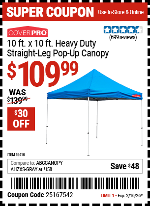 Harbor Freight COVERPRO 10 FT. X 10 FT. HEAVY DUTY STRAIGHT-LEG POP-UP CANOPY coupon