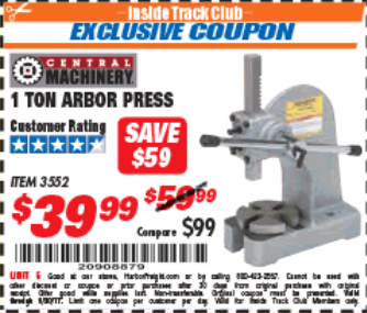 CENTRAL MACHINERY 1/2 Ton Arbor Press 03551 Benchtop Lever, 50% OFF