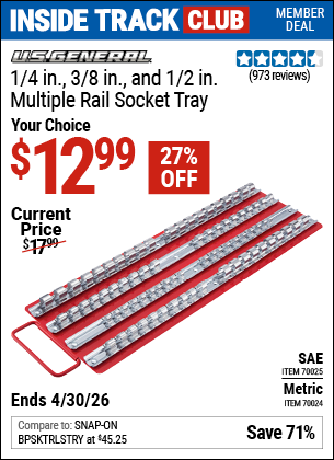 www.hfqpdb.com - U.S. GENERAL 1/4 IN., 3/8 IN., AND 1/2 IN. MULTIPLE RAIL SOCKET TRAY Lot No. 70025/70024