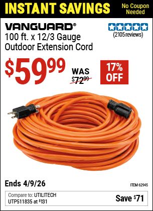 www.hfqpdb.com - VANGUARD 100 FT. X 12/3 GAUGE OUTDOOR EXTENSION CORD, ORANGE Lot No. 62945