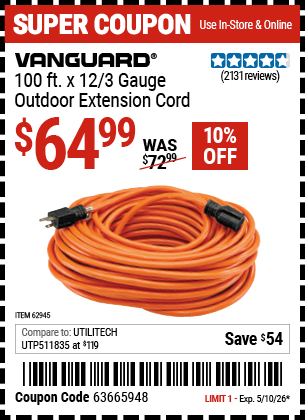 www.hfqpdb.com - VANGUARD 100 FT. X 12/3 GAUGE OUTDOOR EXTENSION CORD, ORANGE Lot No. 62945