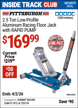 www.hfqpdb.com - PITTSBURGH 2.5 TON LOW-PROFILE ALUMINUM RACING FLOOR JACK WITH RAPID PUMP Lot No. 64543/64553