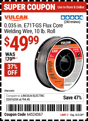 www.hfqpdb.com - VULCAN 0.035 IN. E71T-GS FLUX CORE WELDING WIRE, 10 LB. ROLL Lot No. 63494