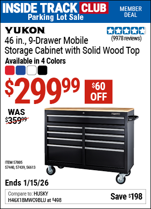 Harbor Freight YUKON 46 IN., 9-DRAWER MOBILE STORAGE CABINET WITH SOLID WOOD TOP coupon